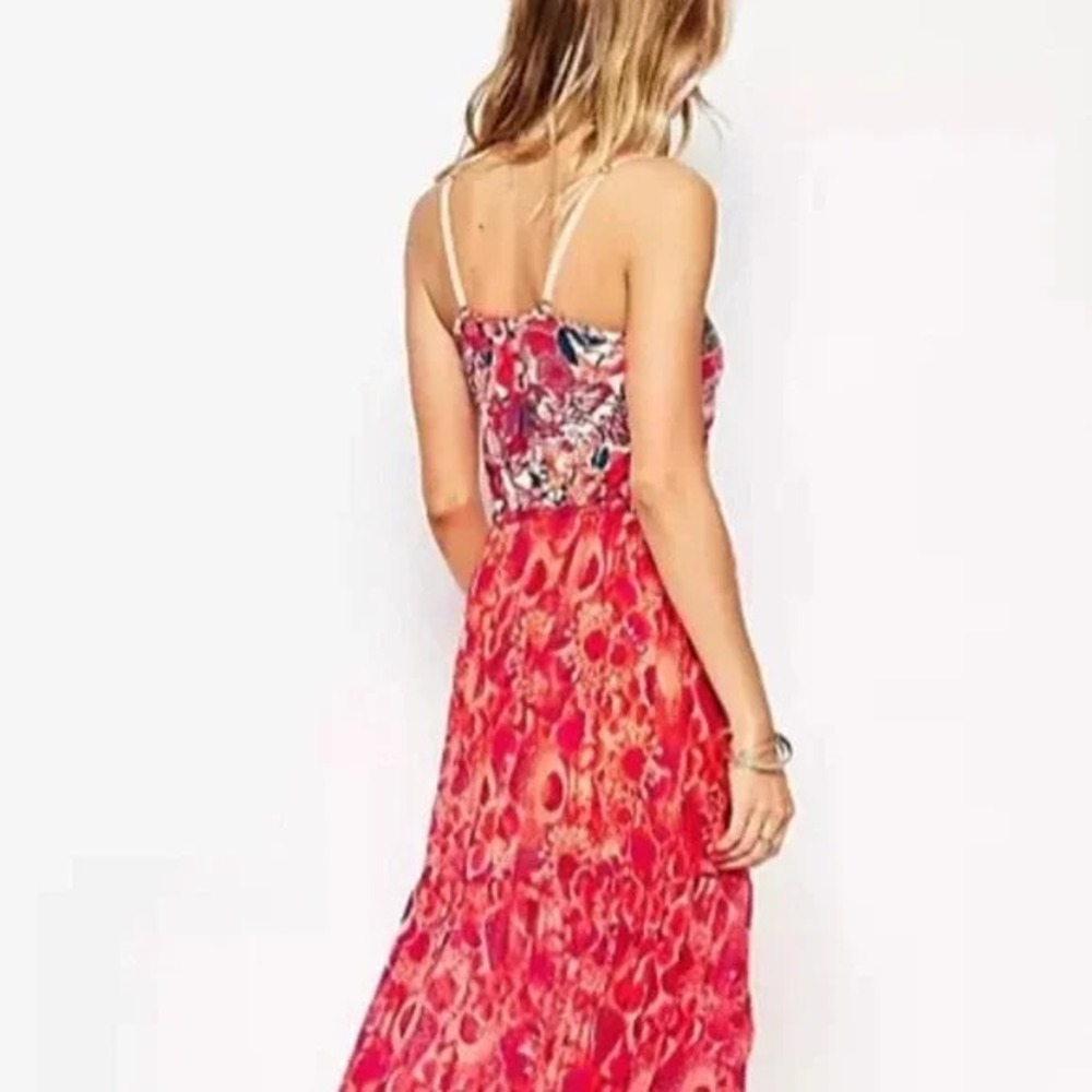Maaji Maxi Dress Large Pink Mixed Print Lace Detail Boho Tiered Spaghetti Strap - Picture 2 of 10